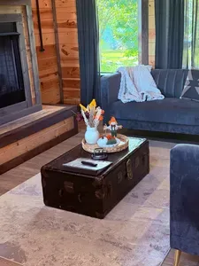 Cozy cabin-style living room with fireplace and peaceful garden views
