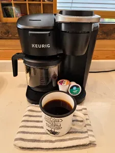 Dual Keurig coffee station with single-serve and carafe brewing options