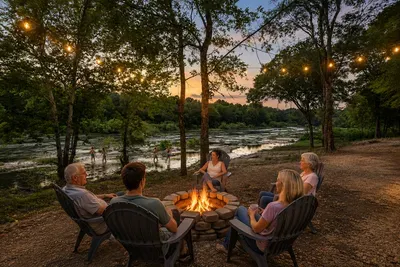 Family campfire at dusk
