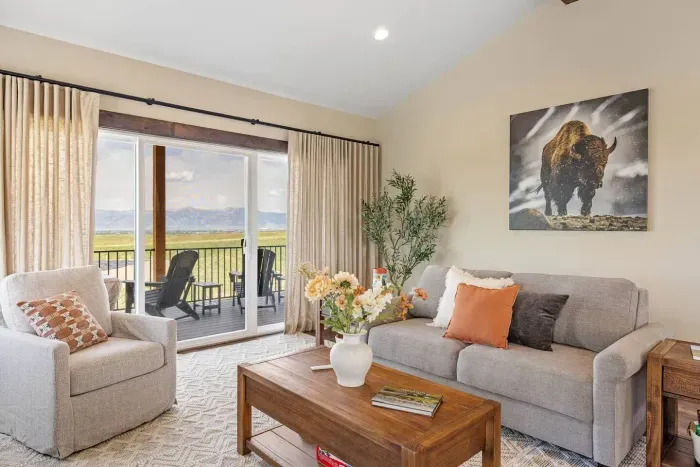 After fly fishing the Gallatin River or hiking nearby trails, come home to a bright, peaceful living room where you can relax, reconnect, and feel completely at ease.