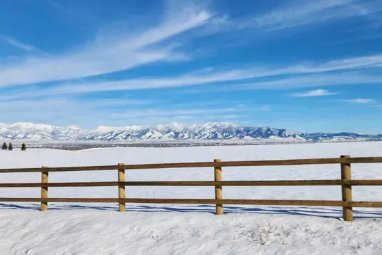 View from the back deck of the snow covered Bridger Mountains