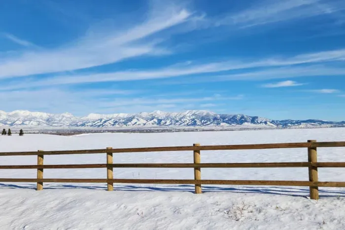 View from the back deck of the snow covered Bridger Mountains