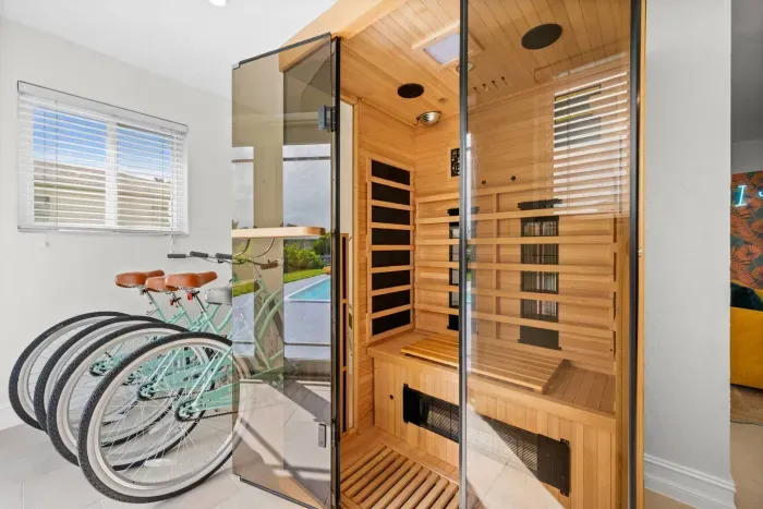 Sauna Retreat: Unwind in this vibrant sauna, steps from refreshing pool bliss!