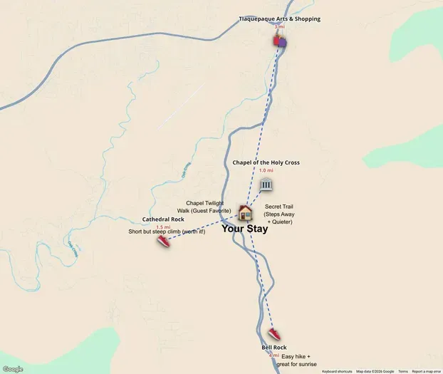 Prime location — minutes to Sedona’s top spots -Steps from hiking trailhead. Within walking distance of famous trails, Chapel of the Holy Cross, and close to Tlaquepaque Arts & Shopping.