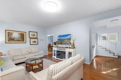 Bright, cozy living room with fireplace, TV, and warm hardwood floors