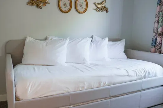 win size bed with twin trundle, medium- firm mattresses, night stand, lamp, charging cable for phones, blackout curtains, 2  luggage racks, box fan, clothes hamper, shower cady, box fan, clothes hangers in closets, jewelry dish