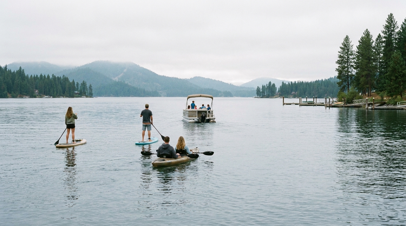 People paddleboarding and kayaking on a calm lake