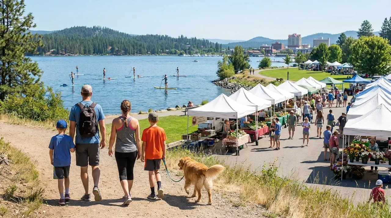 Family walking by lake market with paddleboarders