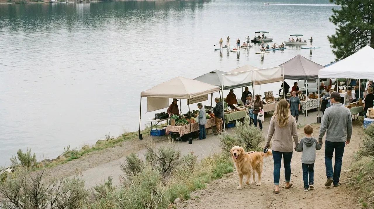 Farmers market by the lake with people and a dog