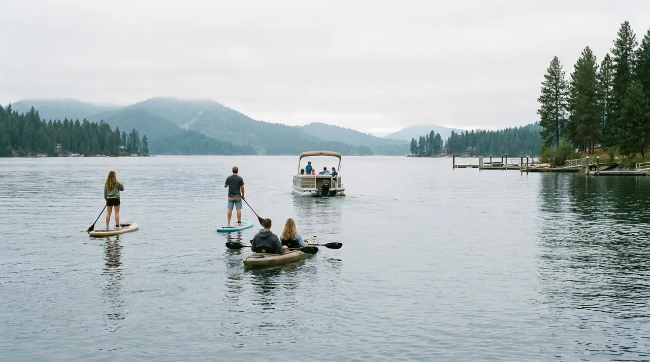 People paddleboarding and kayaking on a calm lake