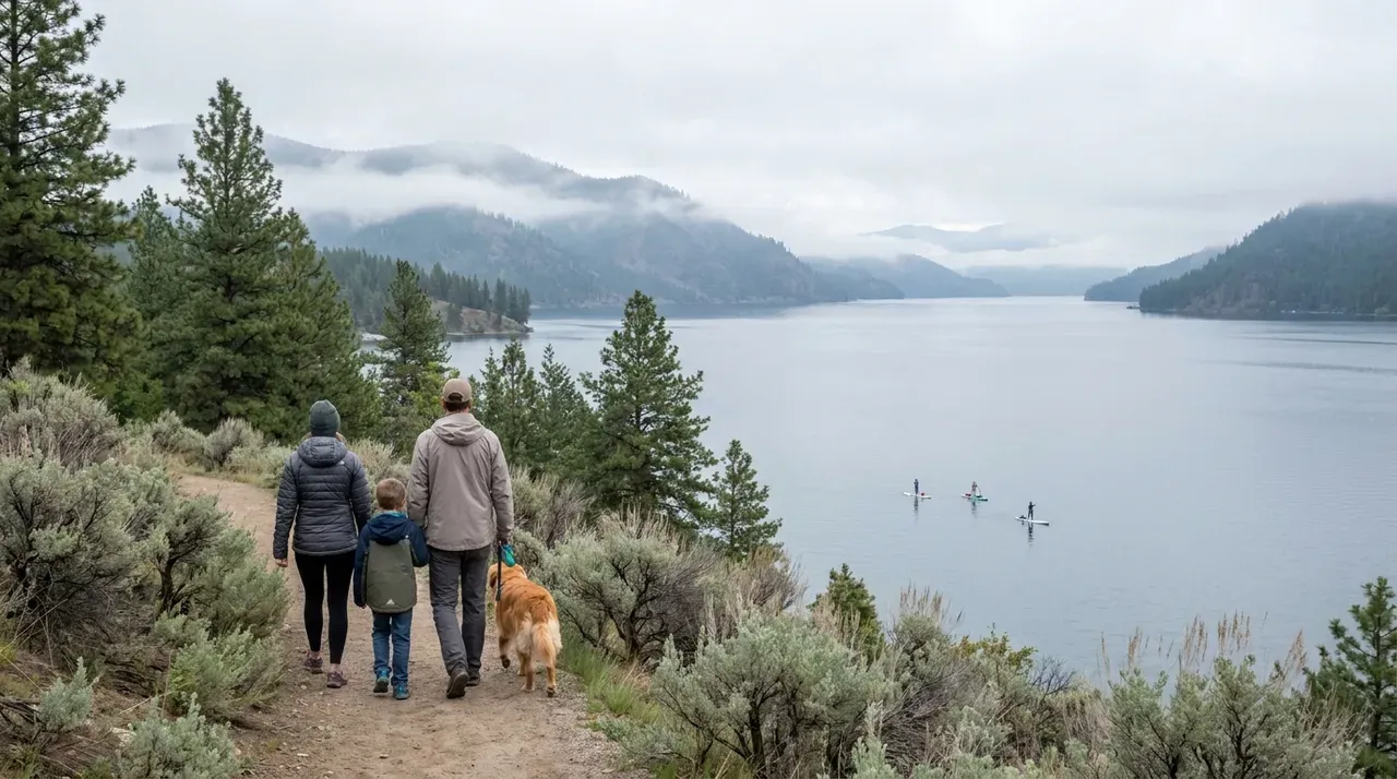 Family walks by a lake with paddleboarders in the distance