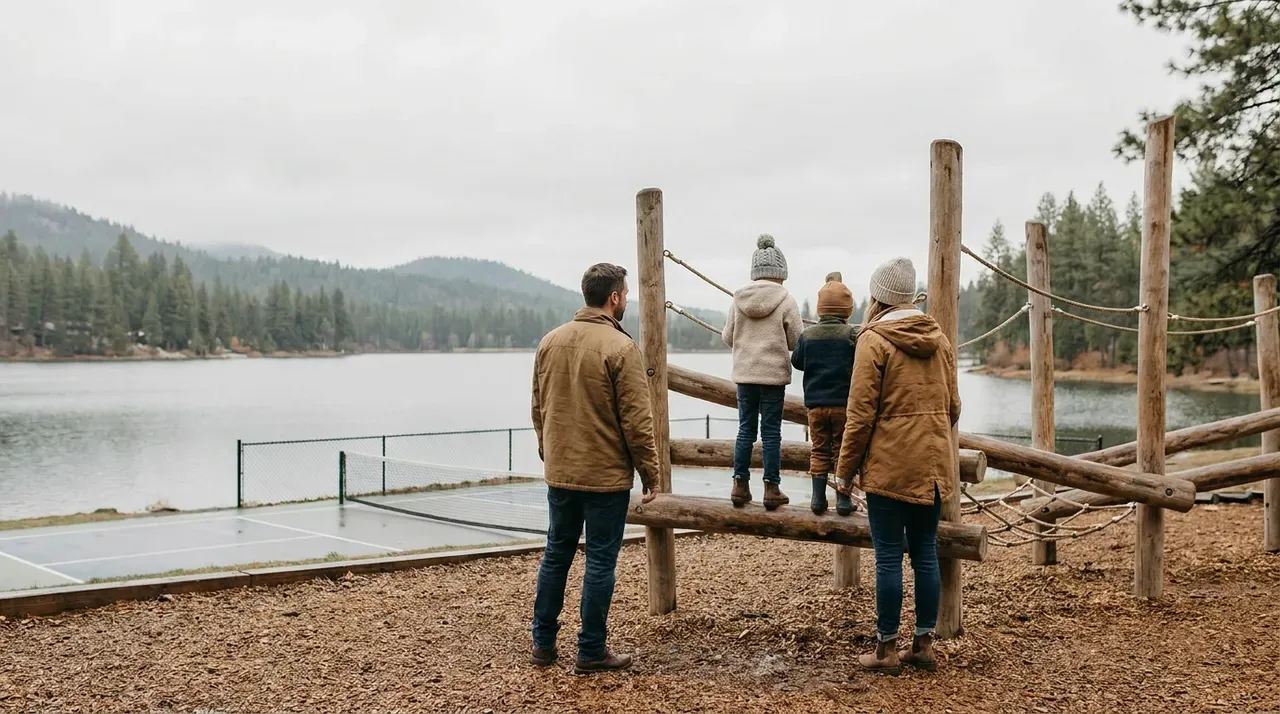 Family enjoying a lakeside adventure on a cloudy day