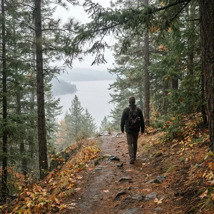 Hiker on a fall trail overlooking Lake Coeur d'Alene