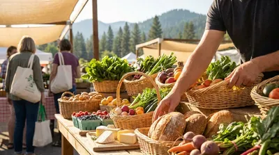 Farmers market stand with fresh produce, bread, and cheese
