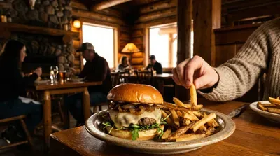 Cozy cabin restaurant with delicious burgers and fries