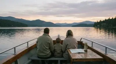 Family enjoys a boat ride on a serene lake at sunset