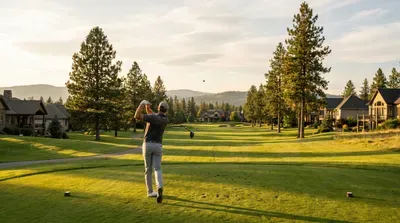 Golfer on lush green course with scenic mountain homes