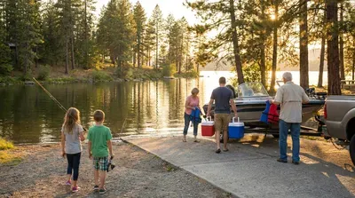 Family prepares boat for fishing trip on tranquil lake