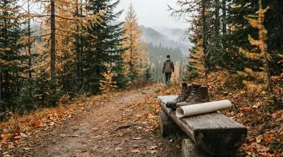 Autumn hike with boots and map on a forest bench