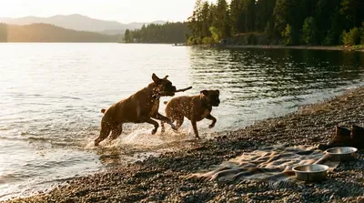 Boxer dogs play with a stick on a rocky lake shore