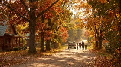 Family walks past red truck on autumn road