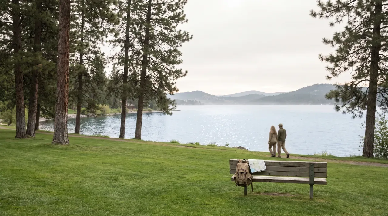 Couple walks by a lake with a backpack and map on a bench