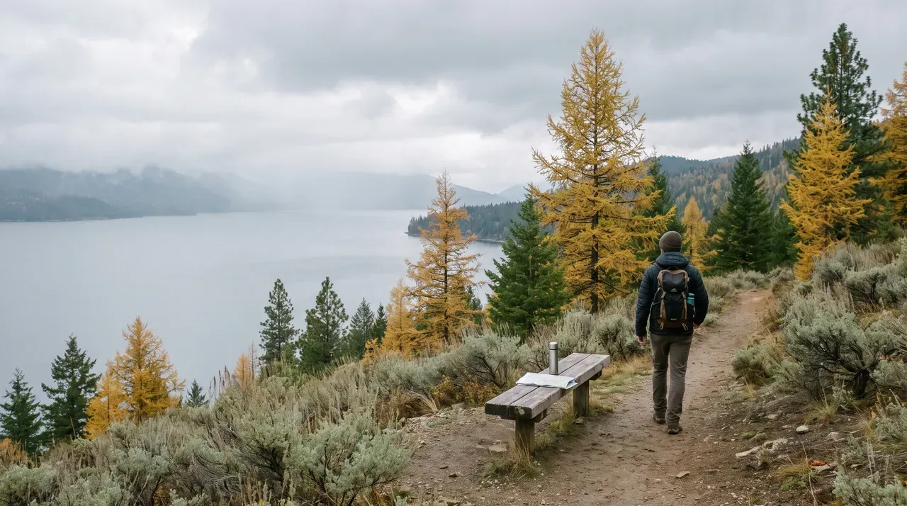 Hiker walks past bench overlooking lake during fall