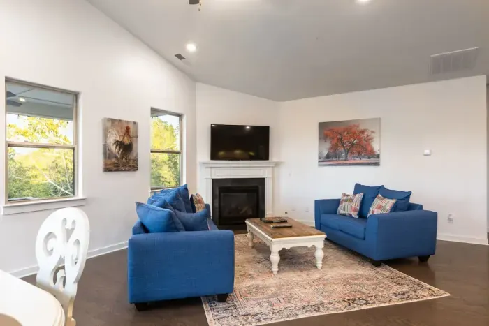 Open concept living room I Gas Fireplace I Flat Screen TV