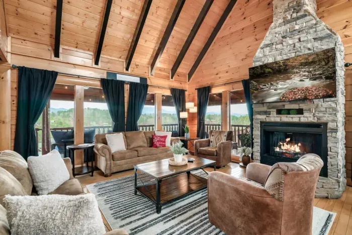 Spacious living room with fireplace.
