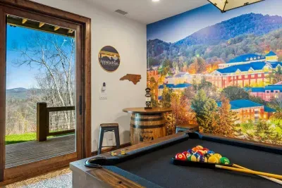 A refurbished whisky barrel repurposed as a bar top.  Complete with our property name - Poplar Peaks!