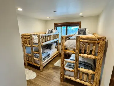 This cozy bunk room has a large window with stunning views of the Blue Ridge Mountains.
