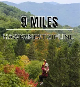 20 zip lines with views of the Blue Ridge Mountains.
