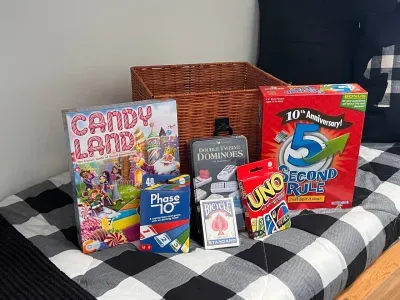Board and card games are provided for use for family fun!