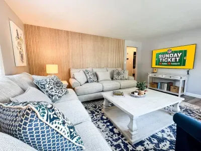 2 very comfy couches and large coffee table to play games, plus a 65" tv!