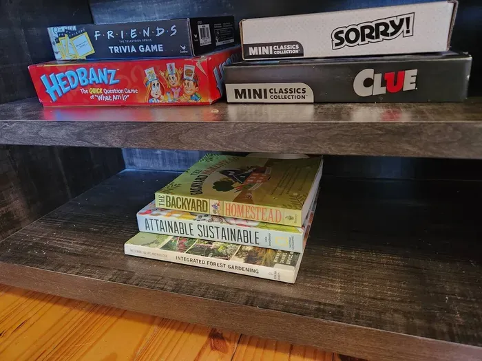 When your not venturing into the woods, checking out the farm animals, or exploring Travelers Rest, Play some games or check out some of our favorite homesteading books!! 