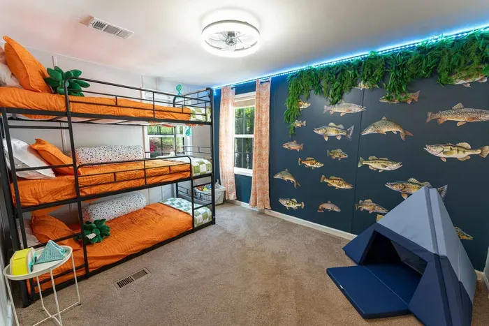 Custom fish theme room with triple  twin bunk beds