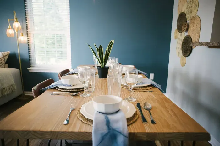 Dining table seats seven.