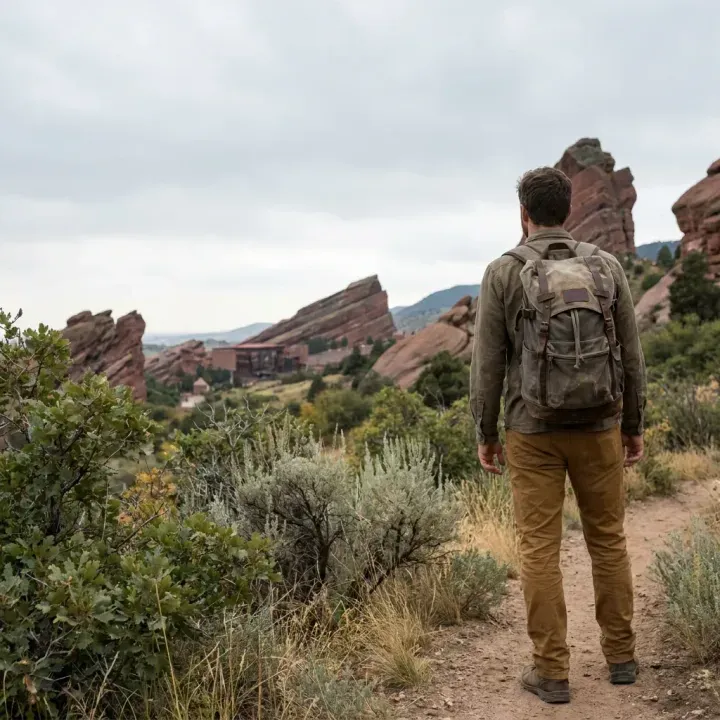 Hiker with backpack at Red Rocks Amphitheatre, Colorado