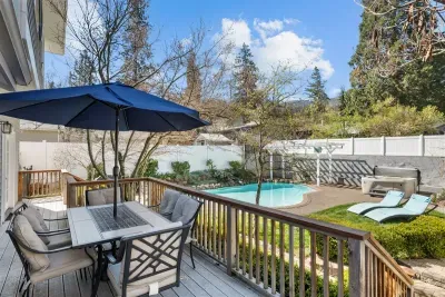 outside seating overlooking the pool