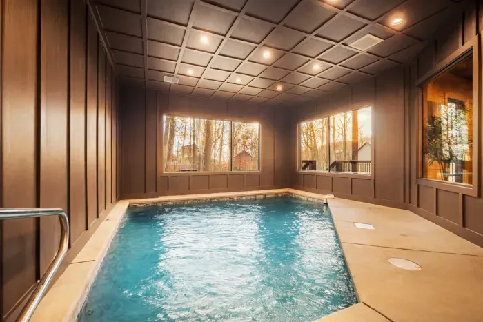 Indoor, heated pool. Heated to a temp of 82-84 degrees year round.