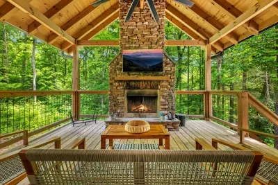 Deck with fireplace and TV