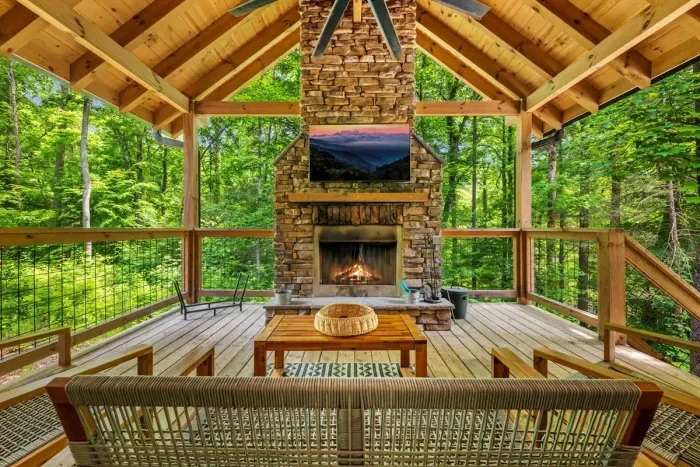 Deck with fireplace and TV