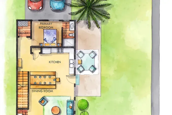 First floor layout with large front yard