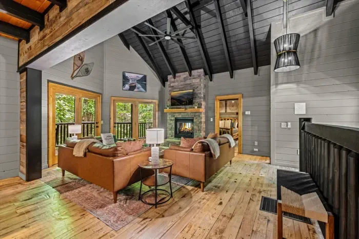 Living area with vaulted ceilings