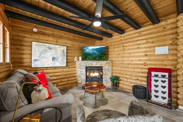 Cozy living room with fireplace.