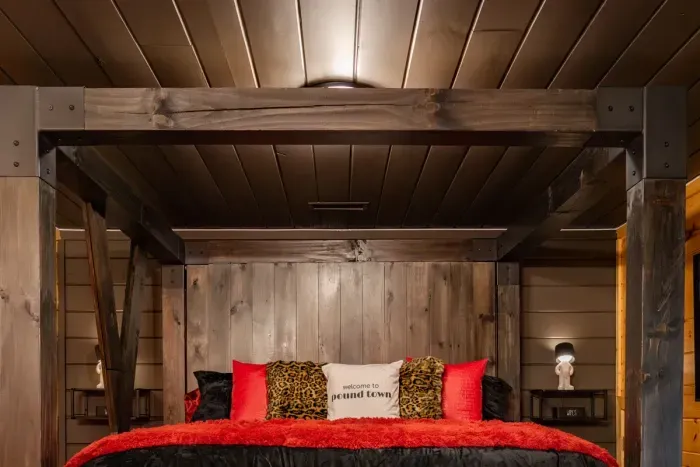 King size bed with cage underneath. 