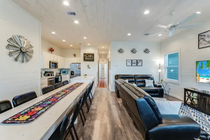 Spacious dining for ten, fully equipped kitchen.