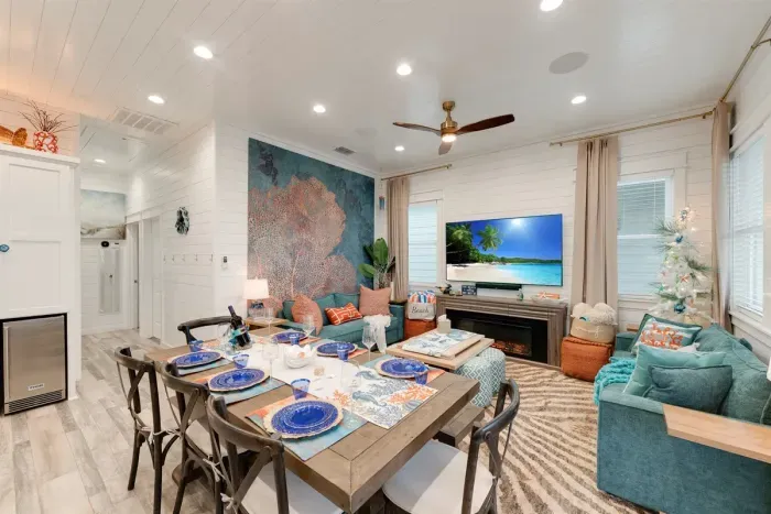 Dining area with seating for 8 with open concept living area
