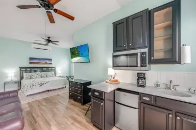 Primary suite with king bed, kitchenette and ensuite bathroom.