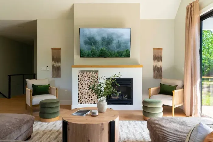 A warm, inviting spot to kick back, get comfy, and enjoy your favorite shows on the smart TV. The indoor fireplace is decorative only and does not ignite, per insurance and safety regulations.